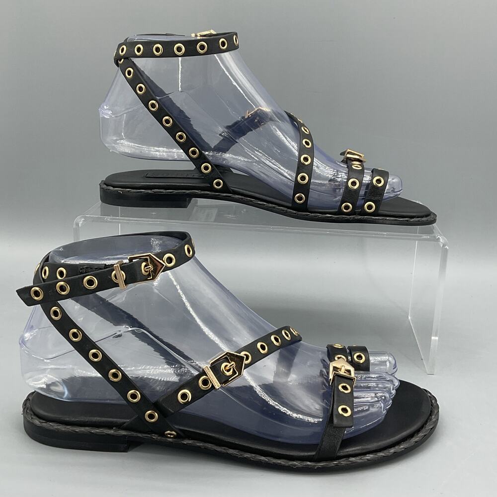 NEW Schutz Women’s Annete Grommet Buckles Flat Sandals Black Size 6B